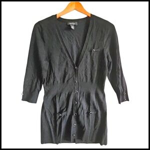 White House Black Market Cardigan Sweater Button Front 3/4 Sleeve Black M‎